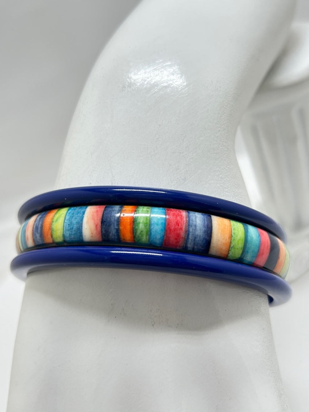 3 Vintage Bangle Bracelets, 2 Lucite, 1 Brass, Blue, Pink